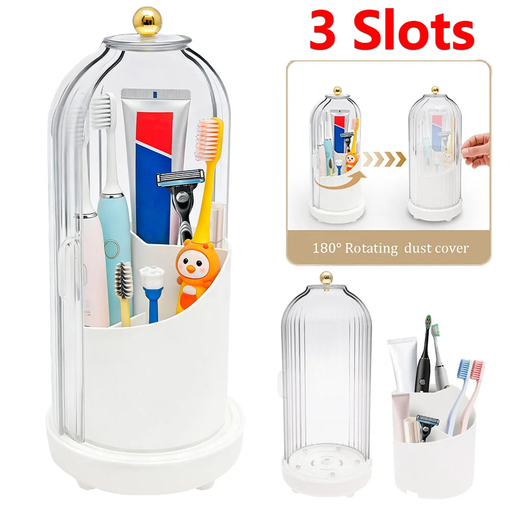 3 Slots Toothbrush Holders 360° Rotating Makeup Brush Organizer with Sliding Lid Plastic Countertop Storage Rack for Bathroom