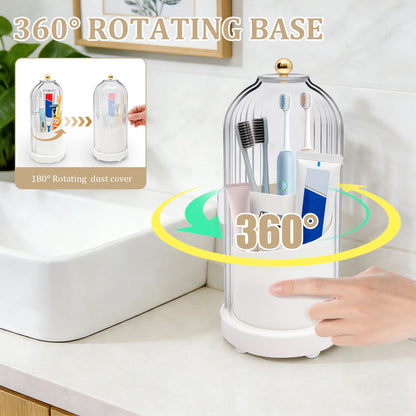 3 Slots Toothbrush Holders 360° Rotating Makeup Brush Organizer with Sliding Lid Plastic Countertop Storage Rack for Bathroom