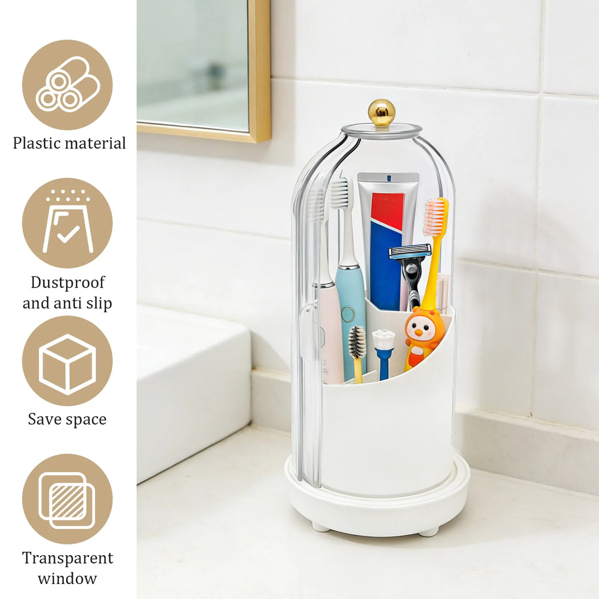 3 Slots Toothbrush Holders 360° Rotating Makeup Brush Organizer with Sliding Lid Plastic Countertop Storage Rack for Bathroom