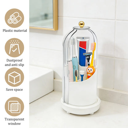 3 Slots Toothbrush Holders 360° Rotating Makeup Brush Organizer with Sliding Lid Plastic Countertop Storage Rack for Bathroom