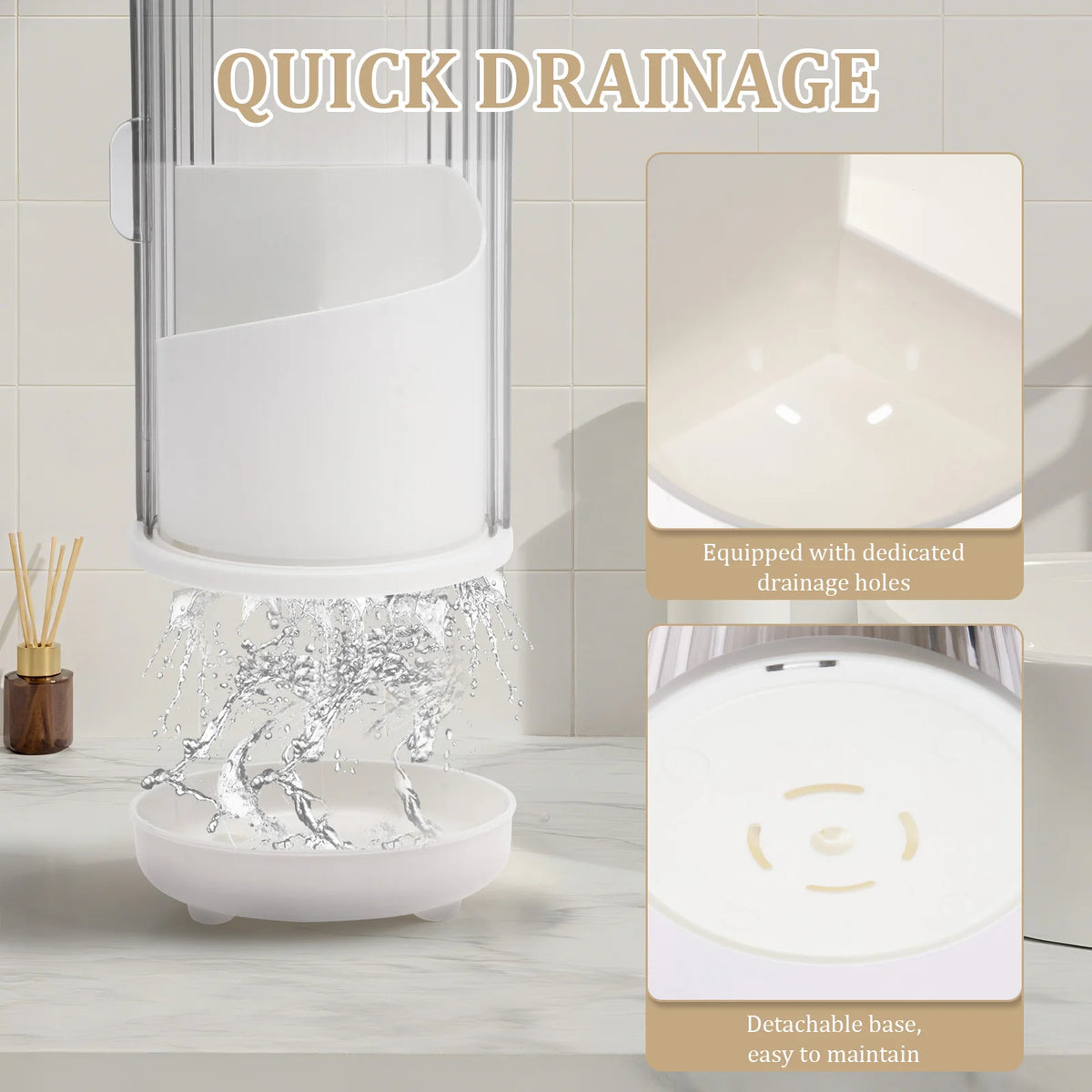 3 Slots Toothbrush Holders 360° Rotating Makeup Brush Organizer with Sliding Lid Plastic Countertop Storage Rack for Bathroom