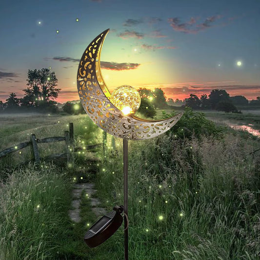 Solar Garden Lights Outdoor Decor,Moon Fairy Crackle Glass Lights,Warm White LED Metal Stake Ornament,Unique Gift for Gardening